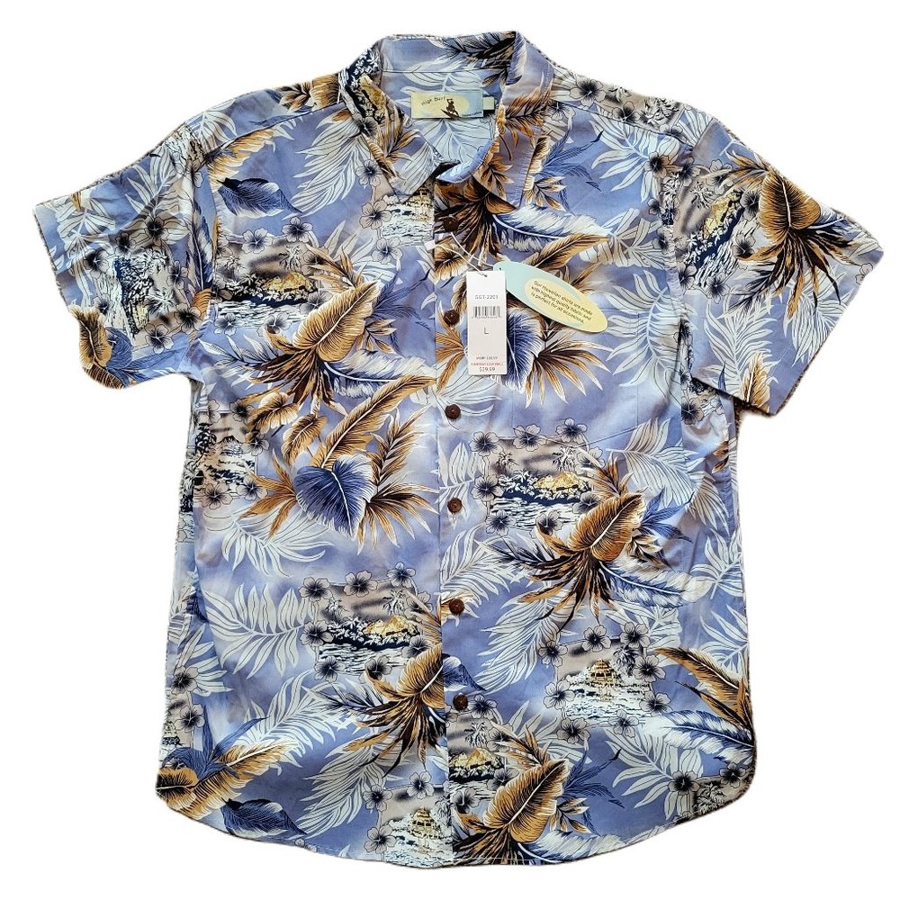 High Surf Blue & Beige Hawaiian Short Sleeve Shirt Men's Size Large